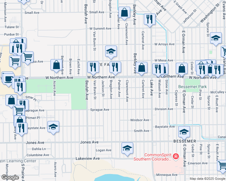 map of restaurants, bars, coffee shops, grocery stores, and more near 1404 Bragdon Avenue in Pueblo