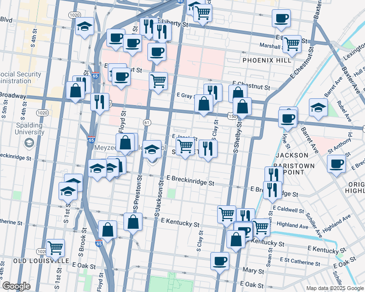 map of restaurants, bars, coffee shops, grocery stores, and more near 525 Roselane Court in Louisville