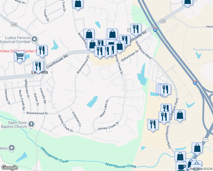 map of restaurants, bars, coffee shops, grocery stores, and more near 5279 Daffodil Drive in Fredericksburg
