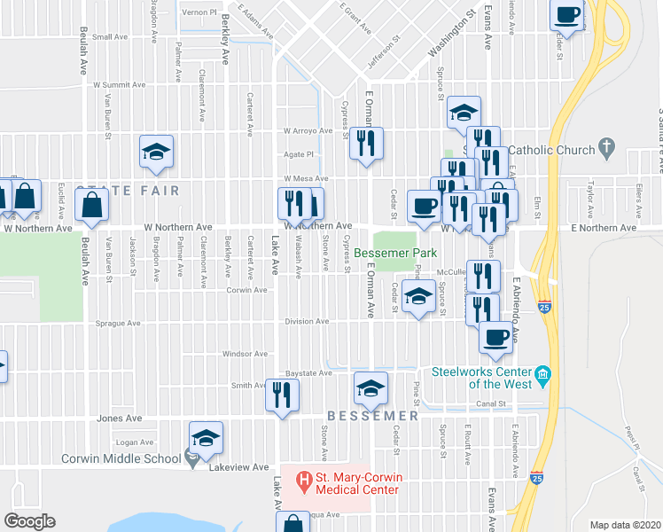 map of restaurants, bars, coffee shops, grocery stores, and more near 1340 Stone Avenue in Pueblo