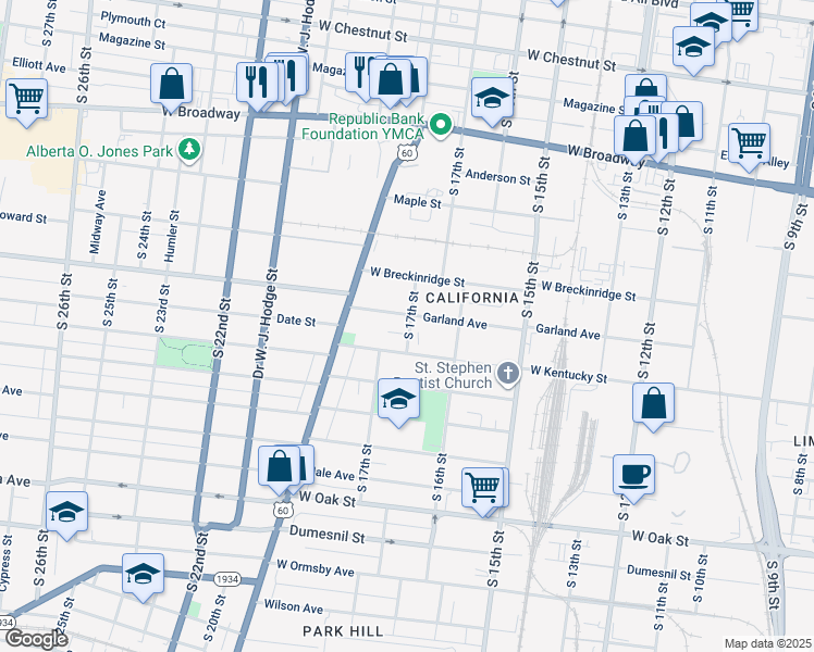 map of restaurants, bars, coffee shops, grocery stores, and more near 934 South 17th Street in Louisville
