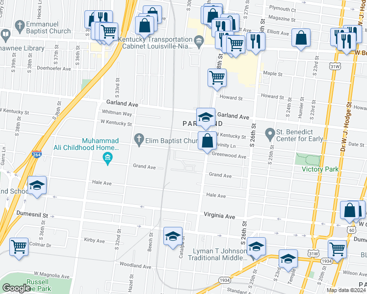 map of restaurants, bars, coffee shops, grocery stores, and more near 2907 Greenwood Avenue in Louisville