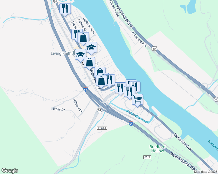 map of restaurants, bars, coffee shops, grocery stores, and more near 299 100th St in Marmet