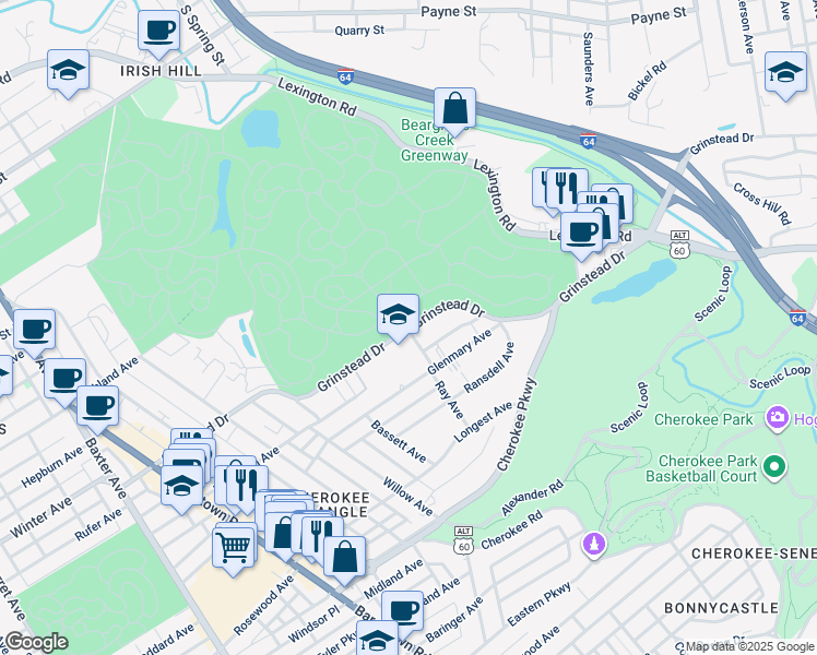 map of restaurants, bars, coffee shops, grocery stores, and more near 2215 Grinstead Drive in Louisville