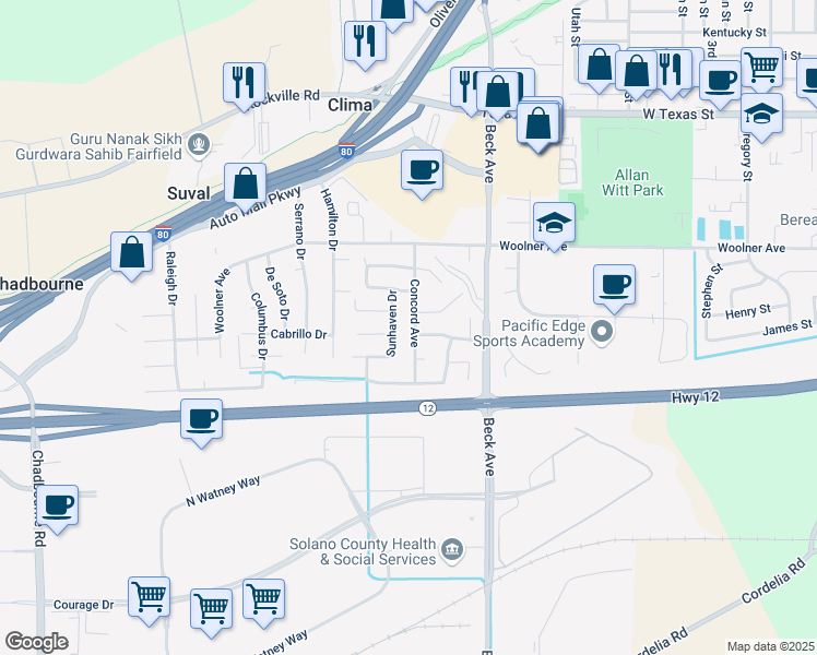 map of restaurants, bars, coffee shops, grocery stores, and more near 237 Concord Avenue in Fairfield