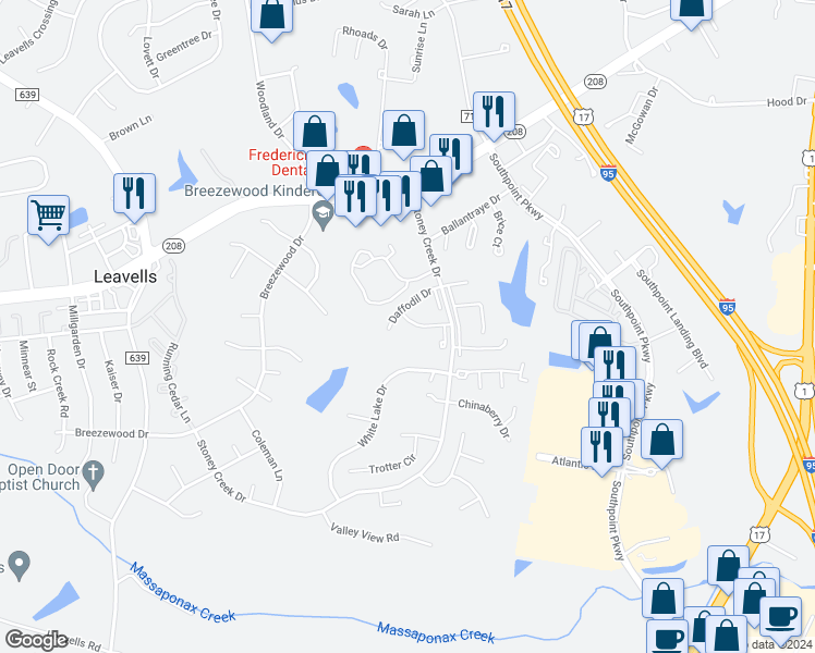 map of restaurants, bars, coffee shops, grocery stores, and more near 5238 Magnolia Place in Fredericksburg