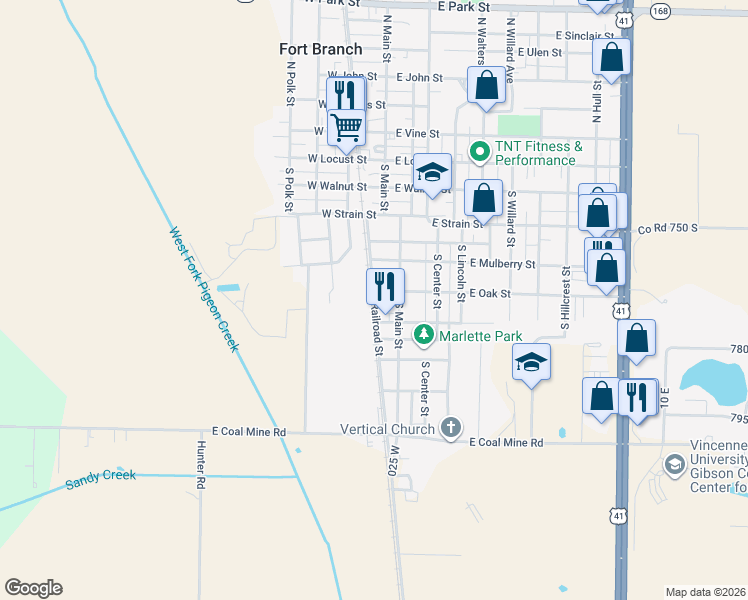 map of restaurants, bars, coffee shops, grocery stores, and more near 604 South Railroad Street in Fort Branch