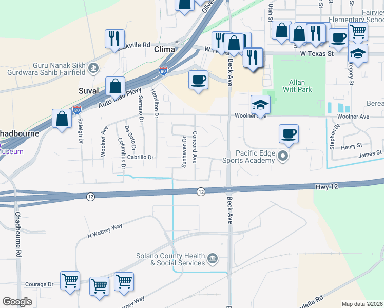 map of restaurants, bars, coffee shops, grocery stores, and more near 237 Concord Avenue in Fairfield