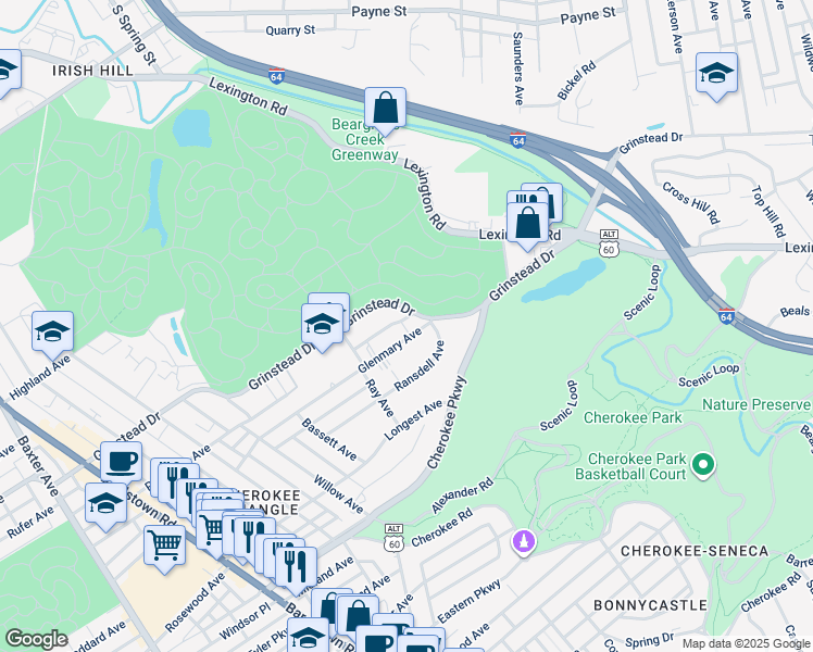 map of restaurants, bars, coffee shops, grocery stores, and more near 2545 Glenmary Avenue in Louisville