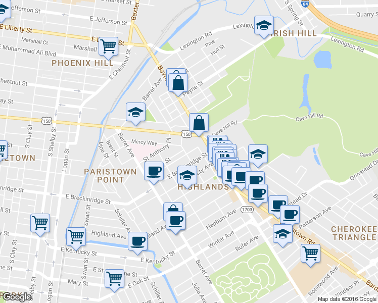map of restaurants, bars, coffee shops, grocery stores, and more near 1507 East Breckinridge Street in Louisville