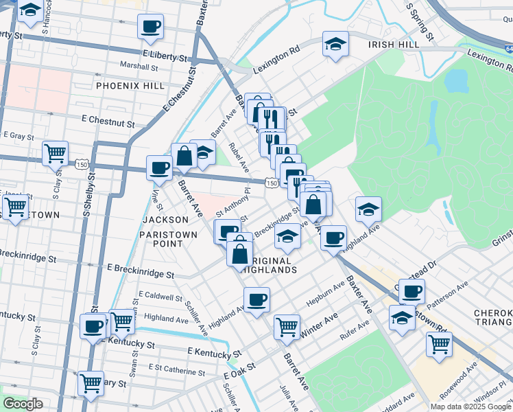 map of restaurants, bars, coffee shops, grocery stores, and more near 1419 Debarr Street in Louisville