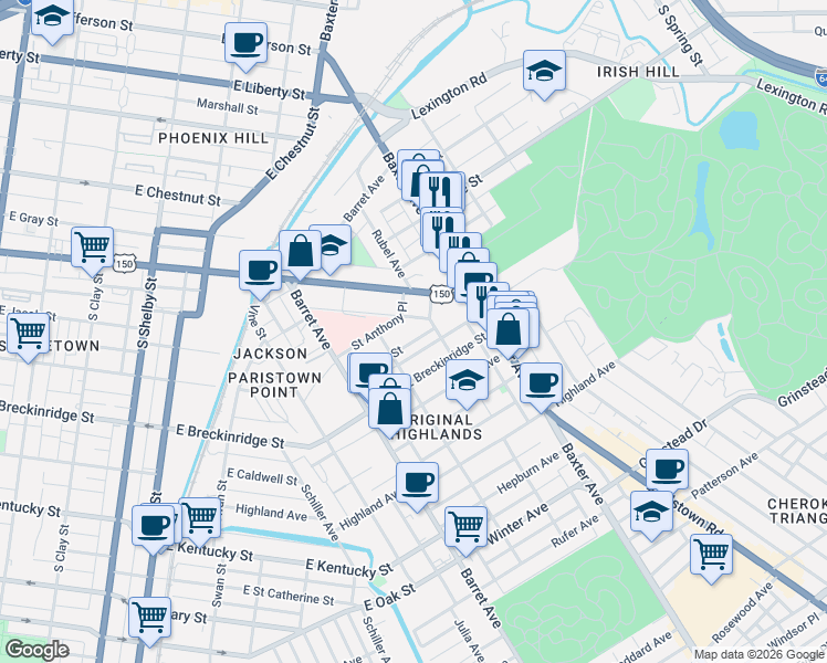 map of restaurants, bars, coffee shops, grocery stores, and more near 1419 Debarr Street in Louisville