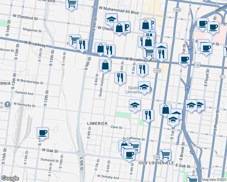 map of restaurants, bars, coffee shops, grocery stores, and more near 601 West Breckinridge Street in Louisville