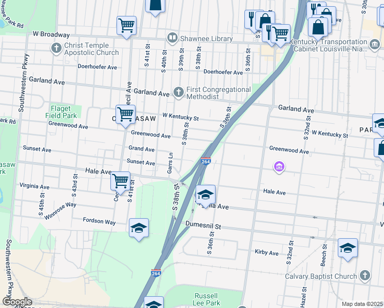 map of restaurants, bars, coffee shops, grocery stores, and more near 3708 Grand Avenue in Louisville