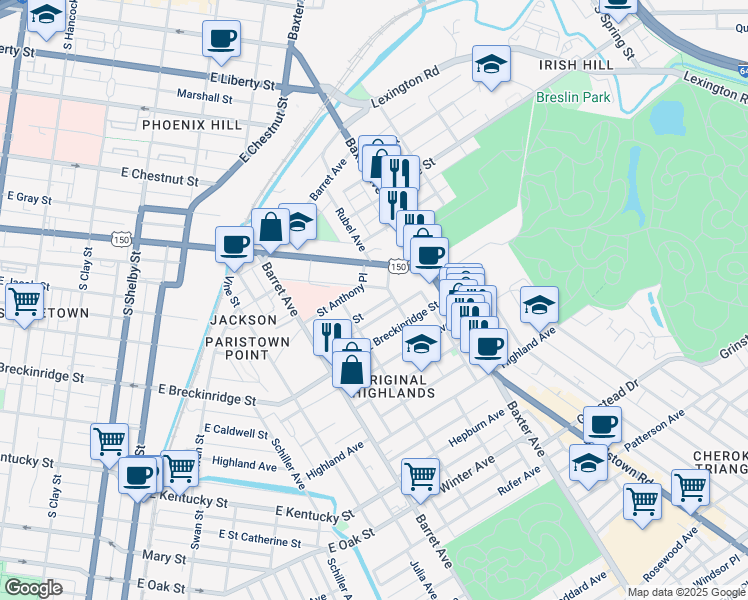 map of restaurants, bars, coffee shops, grocery stores, and more near 1419 Debarr Street in Louisville