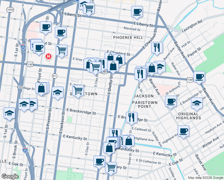 map of restaurants, bars, coffee shops, grocery stores, and more near 756 South Shelby Street in Louisville