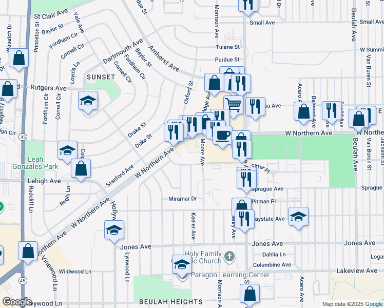 map of restaurants, bars, coffee shops, grocery stores, and more near 1383-1431 Moore Ave in Pueblo