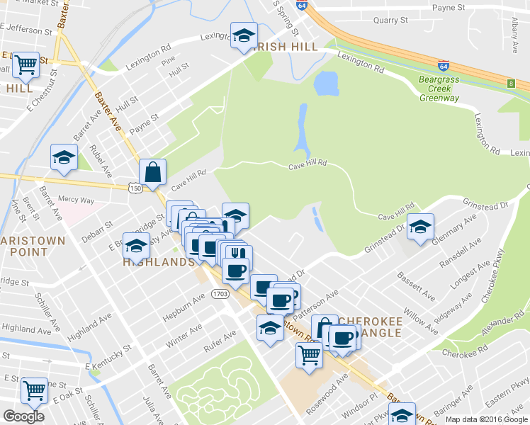 map of restaurants, bars, coffee shops, grocery stores, and more near 2299 Highland Avenue in Louisville
