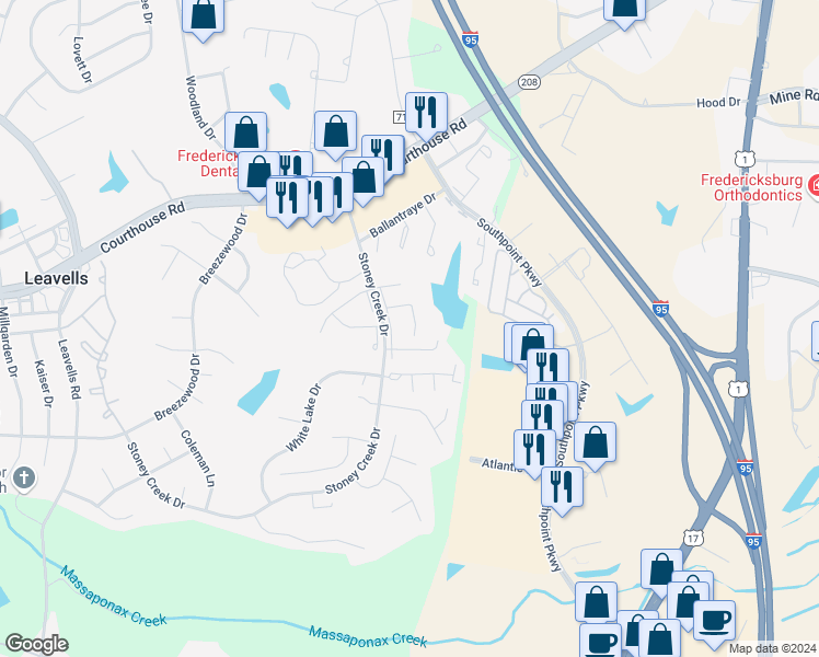 map of restaurants, bars, coffee shops, grocery stores, and more near 5116 Pecan Drive in Fredericksburg