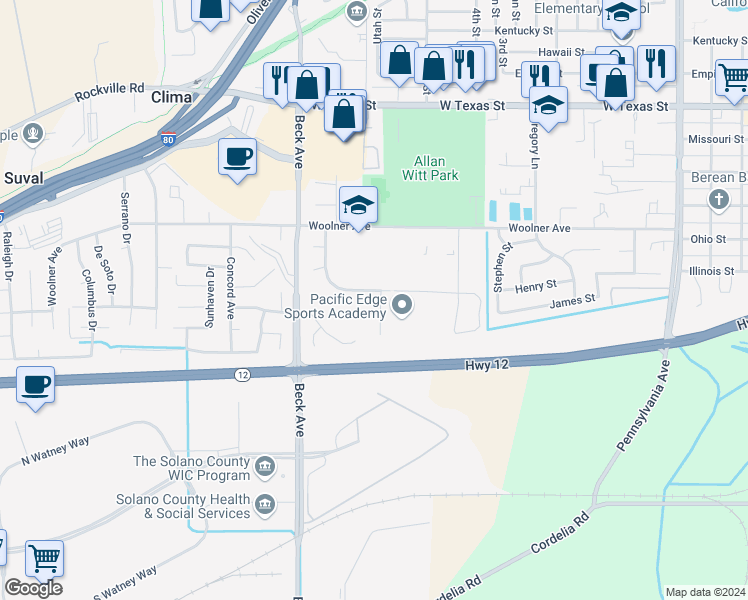 map of restaurants, bars, coffee shops, grocery stores, and more near 1637 Ontario Street in Fairfield