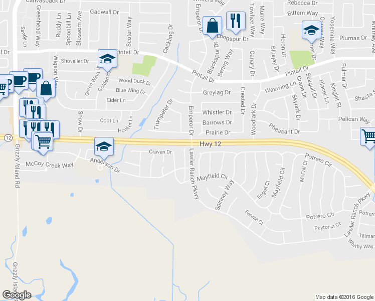 map of restaurants, bars, coffee shops, grocery stores, and more near 414 Kinsmill Court in Suisun City