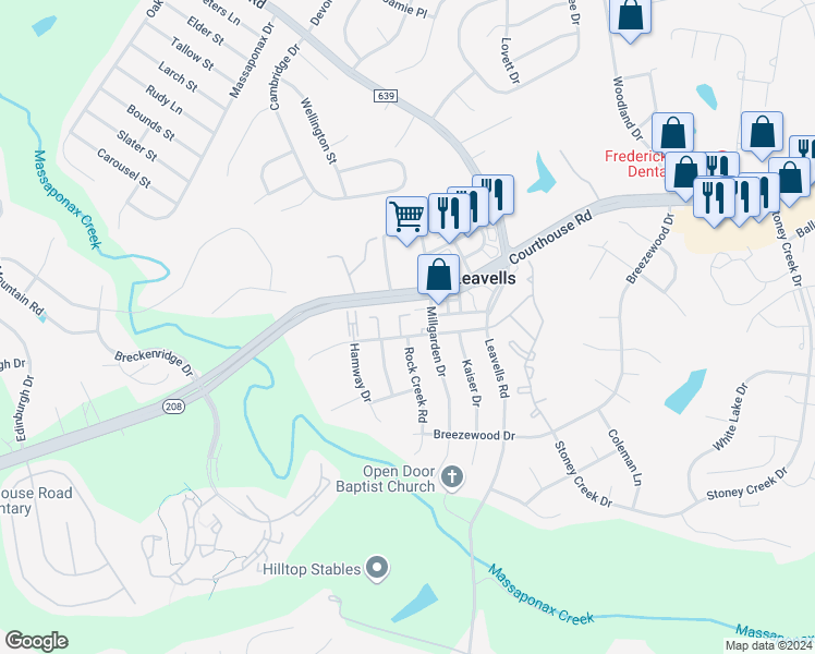 map of restaurants, bars, coffee shops, grocery stores, and more near 2204 Rock Creek Road in Fredericksburg