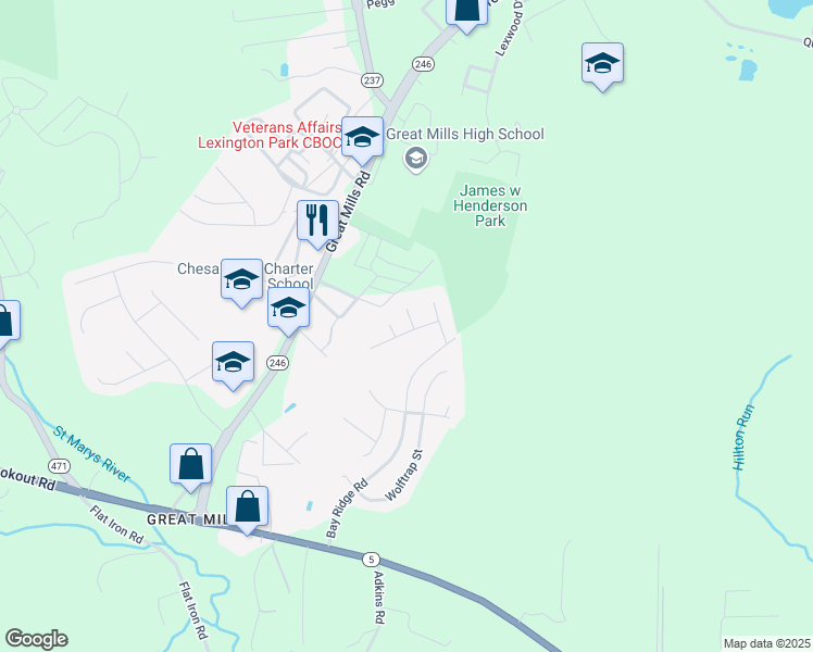 map of restaurants, bars, coffee shops, grocery stores, and more near 45880 Ketch court in Lexington Park