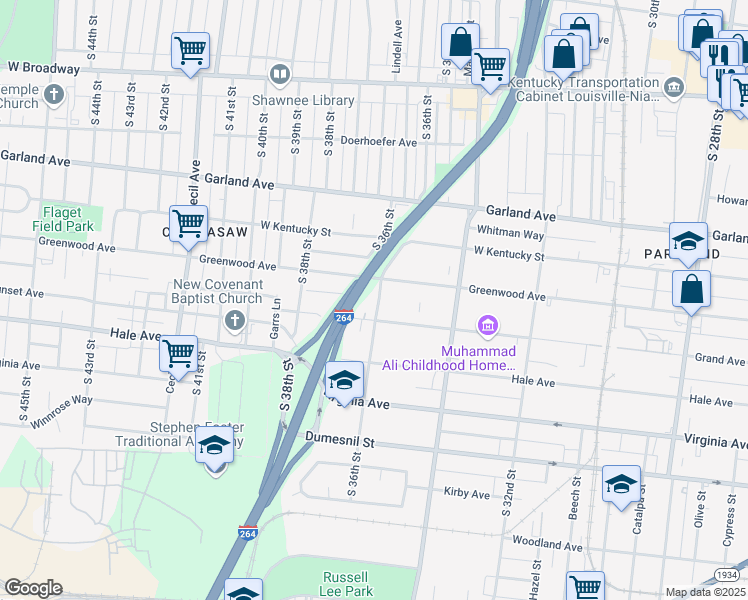 map of restaurants, bars, coffee shops, grocery stores, and more near 3607 Grand Avenue in Louisville