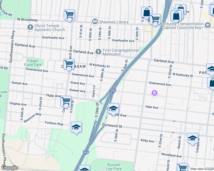 map of restaurants, bars, coffee shops, grocery stores, and more near 3708 Grand Avenue in Louisville