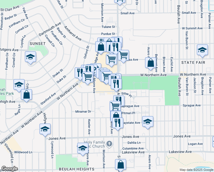 map of restaurants, bars, coffee shops, grocery stores, and more near 3050 West Northern Avenue in Pueblo