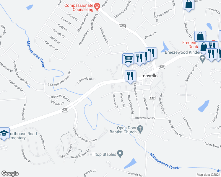 map of restaurants, bars, coffee shops, grocery stores, and more near 2211 Hamway Drive in Fredericksburg
