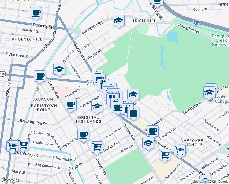 map of restaurants, bars, coffee shops, grocery stores, and more near 915 Baxter Avenue in Louisville