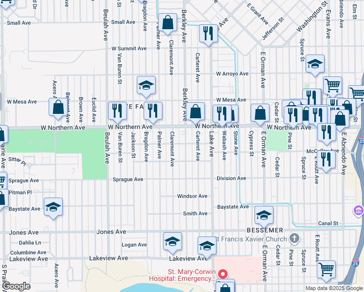 map of restaurants, bars, coffee shops, grocery stores, and more near 1415 Berkley Avenue in Pueblo
