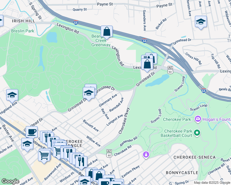 map of restaurants, bars, coffee shops, grocery stores, and more near 2545 Glenmary Avenue in Louisville