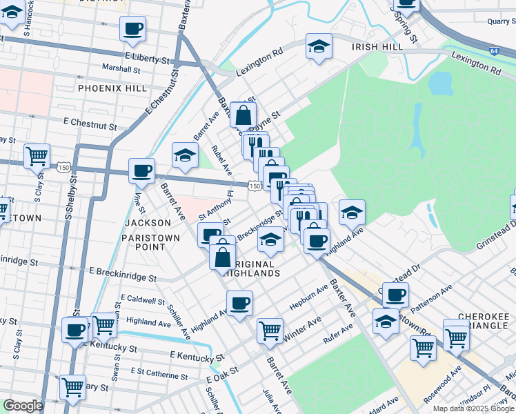 map of restaurants, bars, coffee shops, grocery stores, and more near 1507 East Breckinridge Street in Louisville