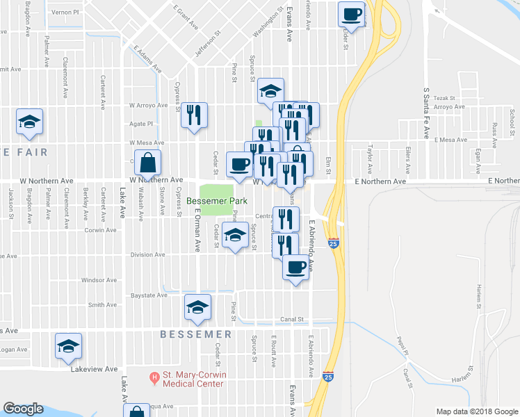 map of restaurants, bars, coffee shops, grocery stores, and more near 1328 Spruce Street in Pueblo