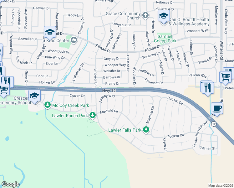 map of restaurants, bars, coffee shops, grocery stores, and more near 1070 Armsby Way in Suisun City