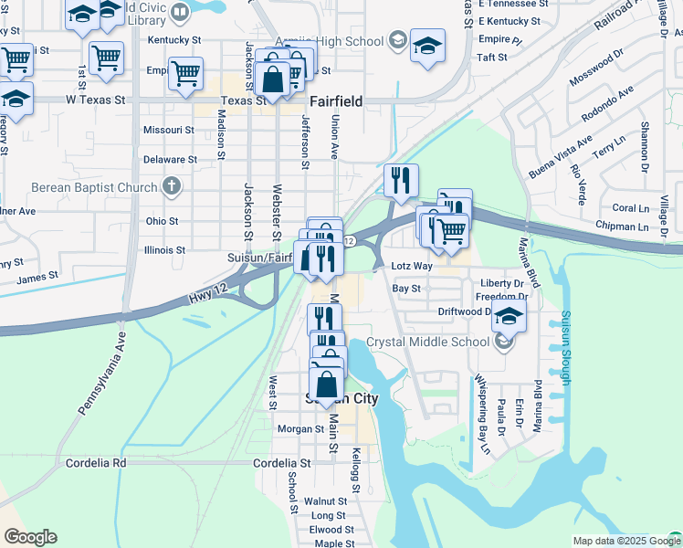 map of restaurants, bars, coffee shops, grocery stores, and more near in Suisun City