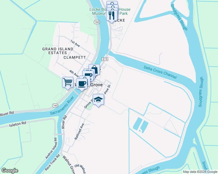 map of restaurants, bars, coffee shops, grocery stores, and more near Pine Street in Walnut Grove