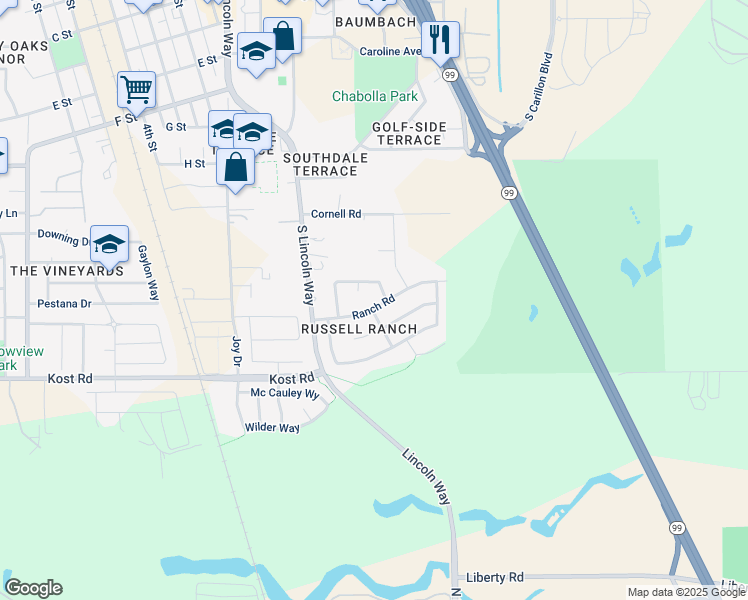 map of restaurants, bars, coffee shops, grocery stores, and more near 939 Ranch Road in Galt