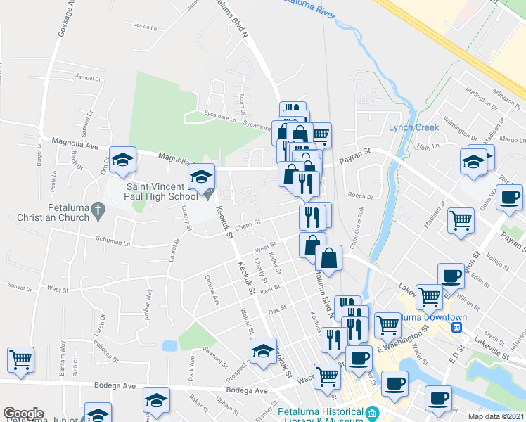 map of restaurants, bars, coffee shops, grocery stores, and more near 31 Cherry Street in Petaluma