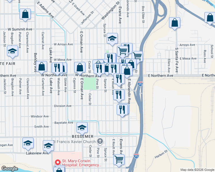 map of restaurants, bars, coffee shops, grocery stores, and more near 1339 Spruce Street in Pueblo