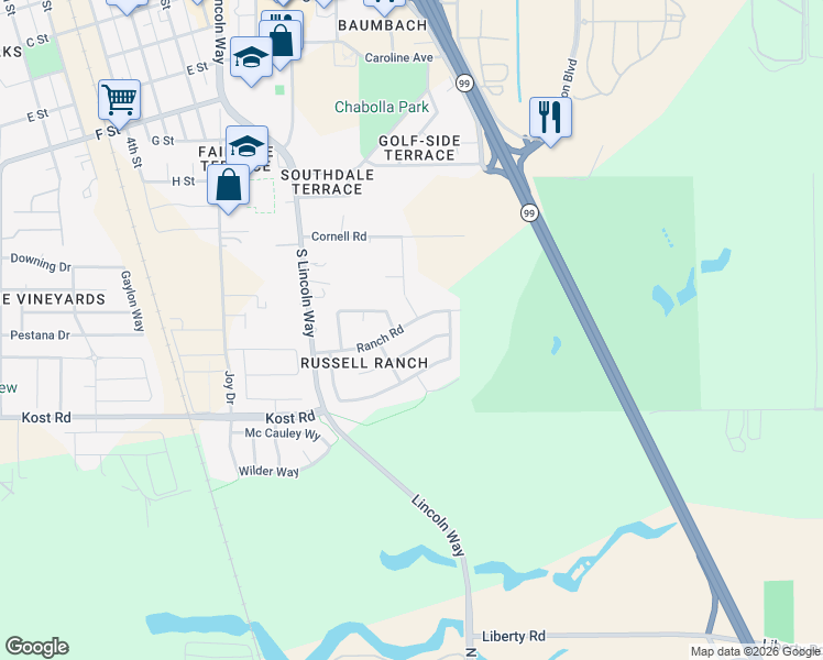 map of restaurants, bars, coffee shops, grocery stores, and more near 958 Ranch Road in Galt