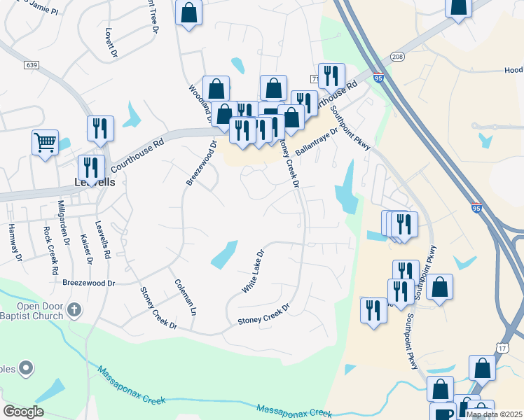 map of restaurants, bars, coffee shops, grocery stores, and more near 5267 Daffodil Drive in Fredericksburg
