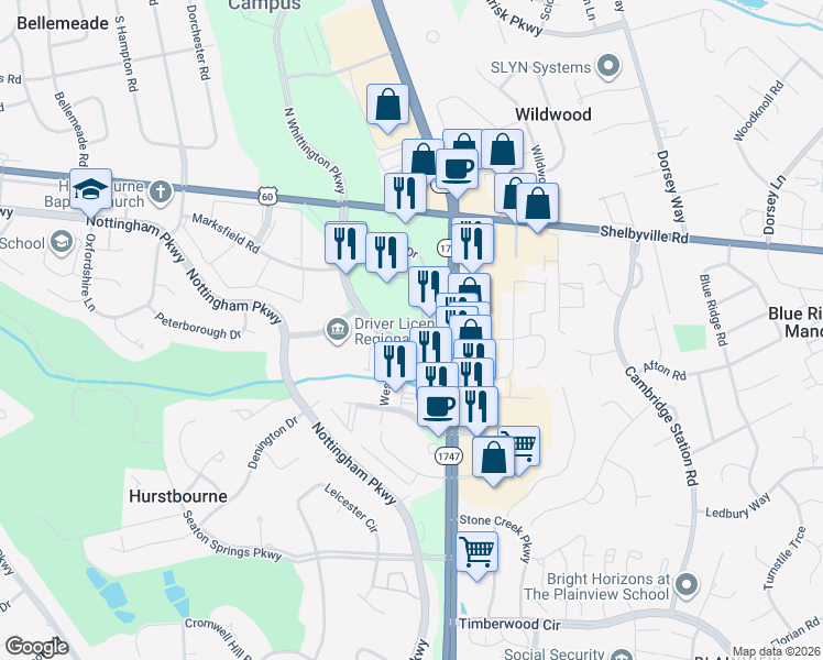 map of restaurants, bars, coffee shops, grocery stores, and more near 309 Palazzo Circle in Louisville