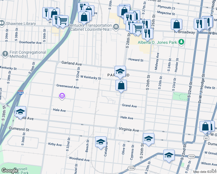 map of restaurants, bars, coffee shops, grocery stores, and more near 2901 Greenwood Avenue in Louisville