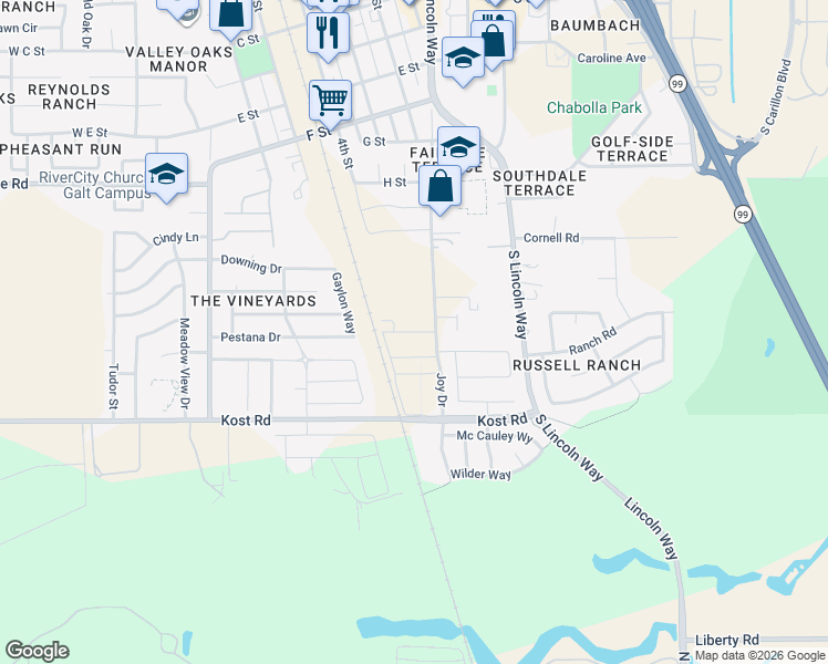 map of restaurants, bars, coffee shops, grocery stores, and more near 14180 Joy Drive in Galt