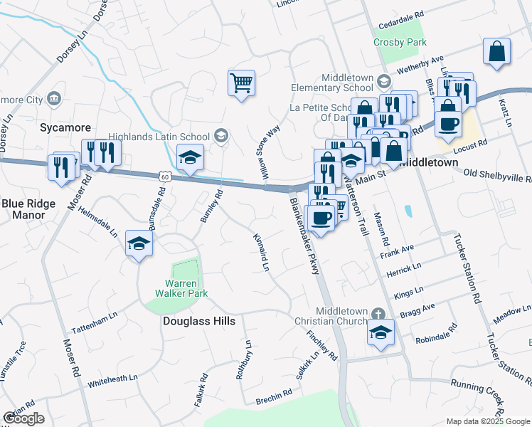 map of restaurants, bars, coffee shops, grocery stores, and more near 11209 Darlington Place in Louisville
