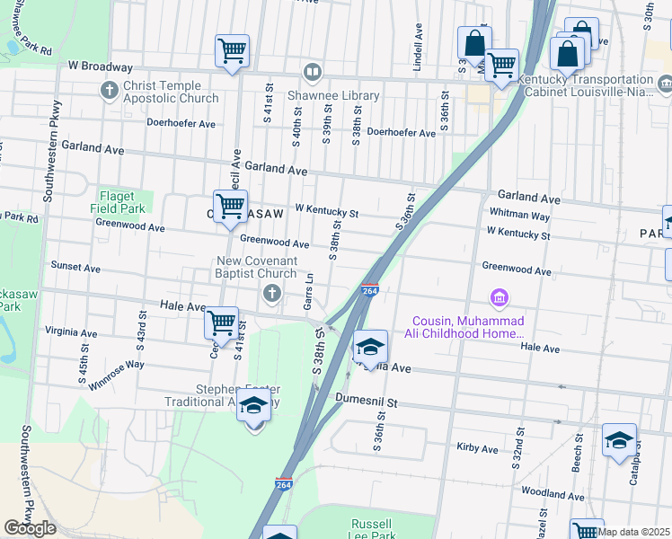 map of restaurants, bars, coffee shops, grocery stores, and more near 1039 South 38th Street in Louisville