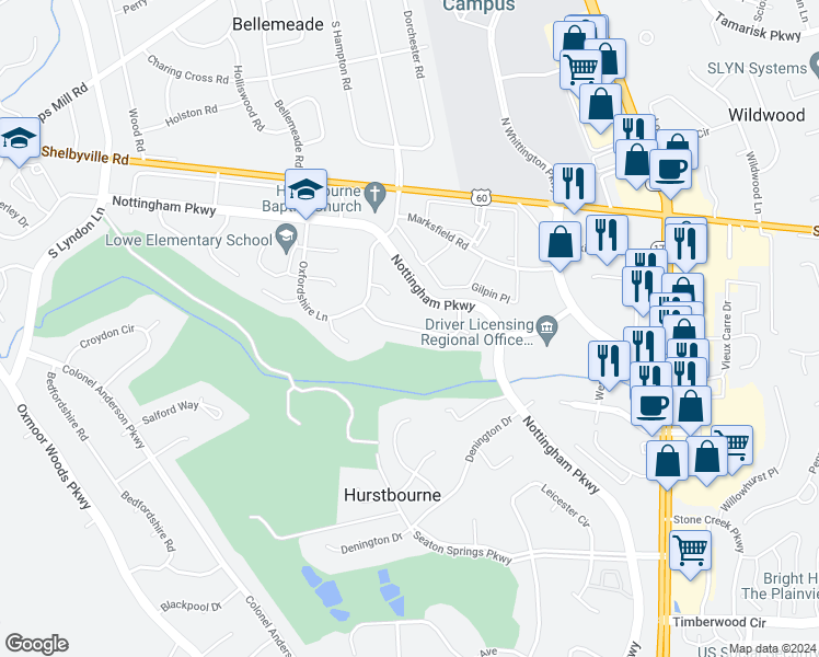 map of restaurants, bars, coffee shops, grocery stores, and more near Peterborough Drive in Louisville